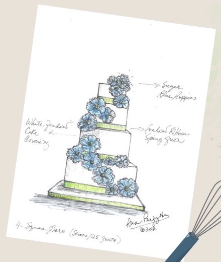 Pencil and watercolor sketch of a four-tier wedding cake with blue sugar poppies