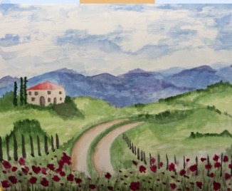 Watercolor of a Tuscan hillside villa with a winding road and red poppies